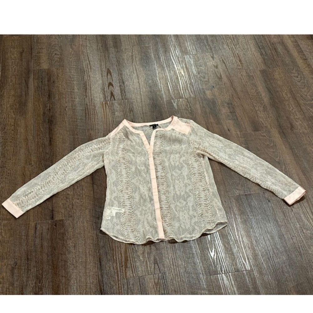 Ann Taylor Womens SP Button Up Shirt Long Sleeve Sheer Blouse Pink Animal Print